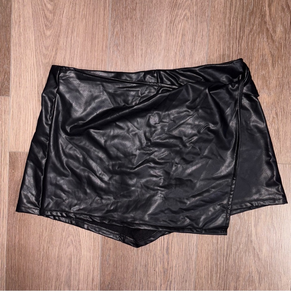 Rewash | Black Vegan Leather Wrap Skort